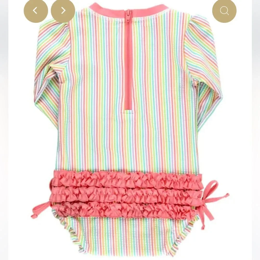 Ruffle Butts Rainbow Seersucker Long Sleeve One Piece‎ Rash Guard 6-12Months Nwt